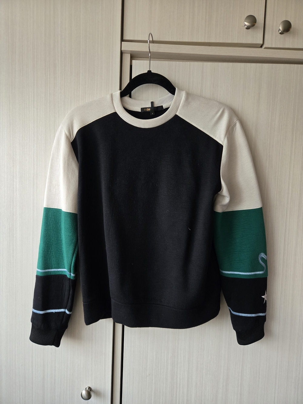 Colorblock Crewneck Sweater by Maje- Black, White & Green